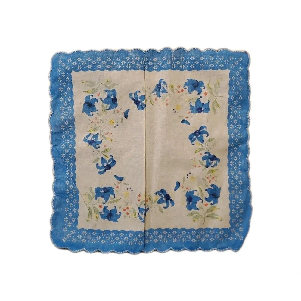 Linen Blue‎ Lily Floral Handkerchief Scalloped Cottage Core Bridesmaid Granny